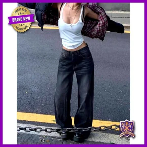 Baggy Wide Leg Jeans, Mid Rise Boyfriend Denim Pants, Y2K Vintage Style - Picture 3 of 7